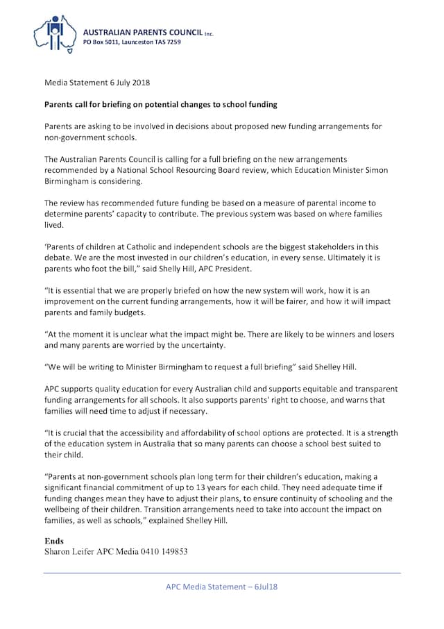 APC Media Statement - Parents call for briefing on potential changes to school funding